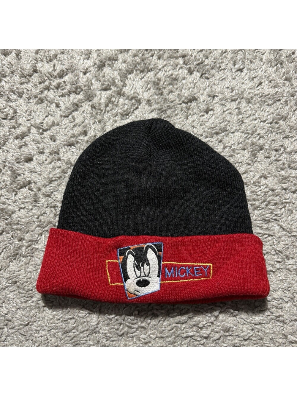 Vtg Y2K Disney MICKEY MOUSE BEANIE Hat Ski Snowboard Hike Black Red Logo
